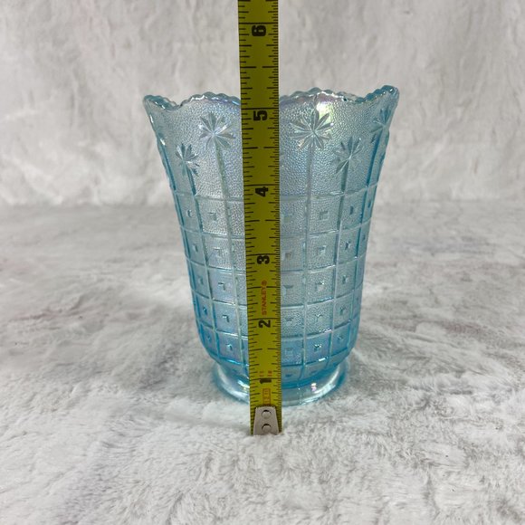Imperial Glass Blue Iridescent Carnival Flower Block Scalloped Vase Lennox Rare - Picture 7 of 8